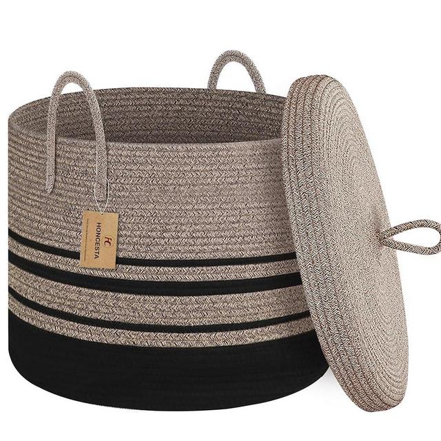 HONCESTA Extra Large Woven Basket with Lid, 20" X 15" Wicker Blanket Storage Basket Living Room, Tall Rope Storage Baskets for Toys, Decorative Kids Toy Bin Box with Cover, Baby Laundry Basket Hamper