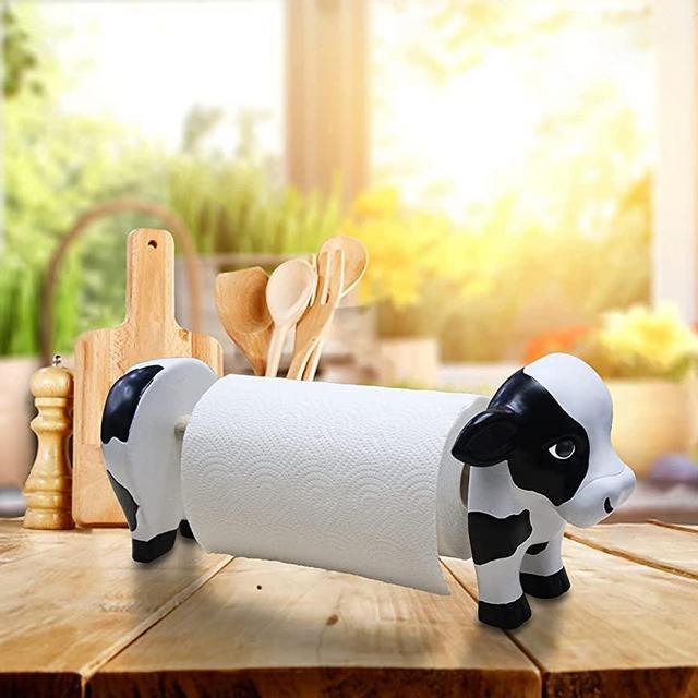 Wooden Paper Towel Holder Countertop Farmhouse Cow Design Paper Towel Roll Holder Stand Base Rustic Animal Paper Towel Organizer for Kitchen Living Room Bedroom Home Farmhouse Decoration