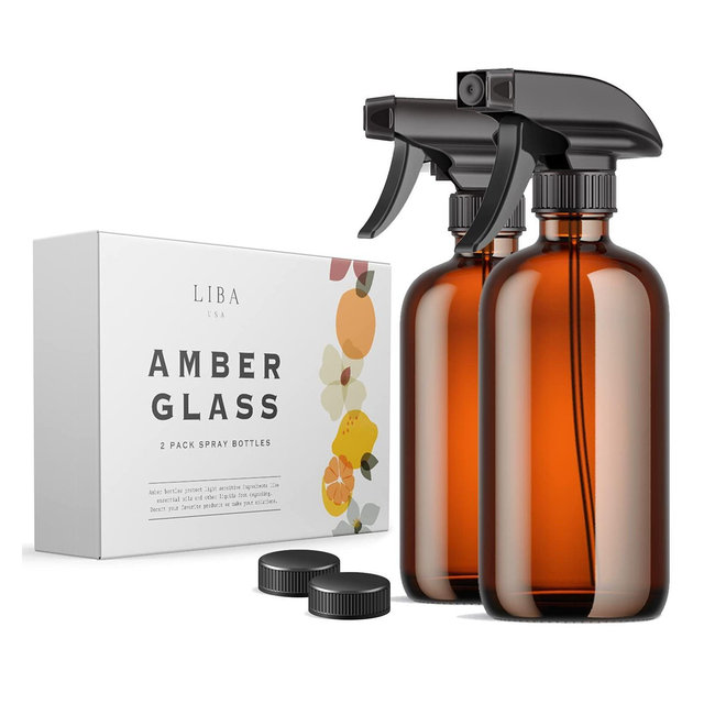 LiBa Amber Glass Spray Bottles 2 Pack, 16 oz Refillable Empty Spray Bottle for Cleaning
