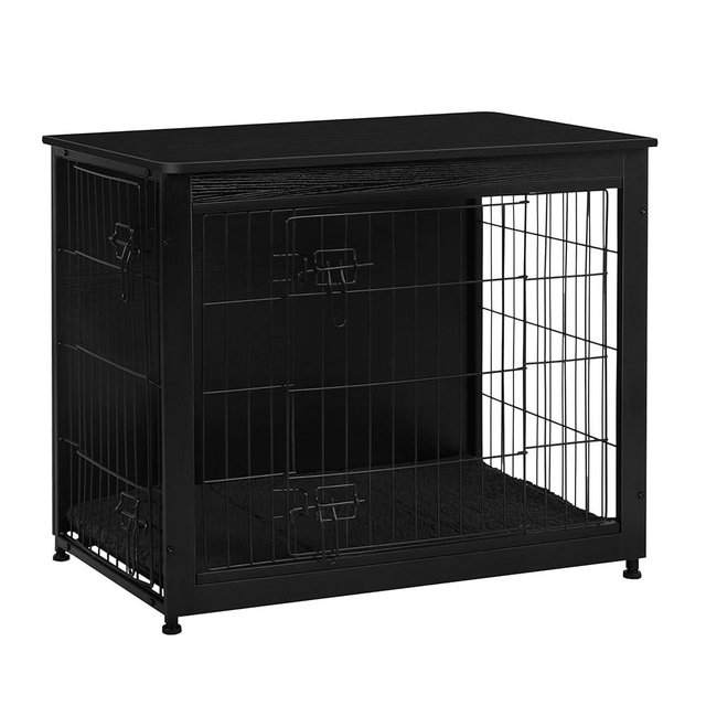 DWANTON Dog Crate Furniture with Cushion, Wooden Kennel Table with Double Doors, Indoor Dog House, Medium Size, 32.5" L, Black