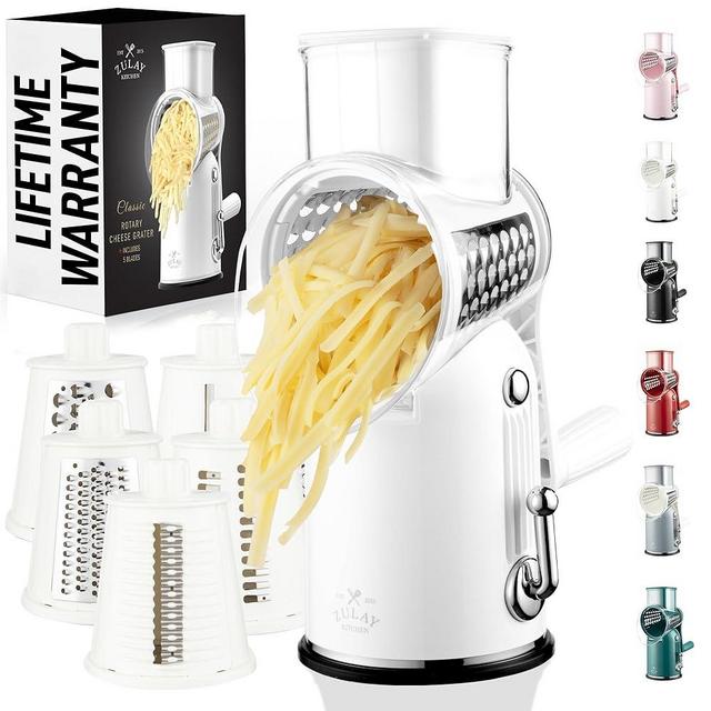 Zulay Kitchen Rotary Cheese Grater 5 Blade Cheese Shredder - Manual Hand Crank Cheese Grater With Reinforced Suction & 5 Interchangeable Drums - Easy to Use, Vegetable Chopper Round Mandoline Slicer