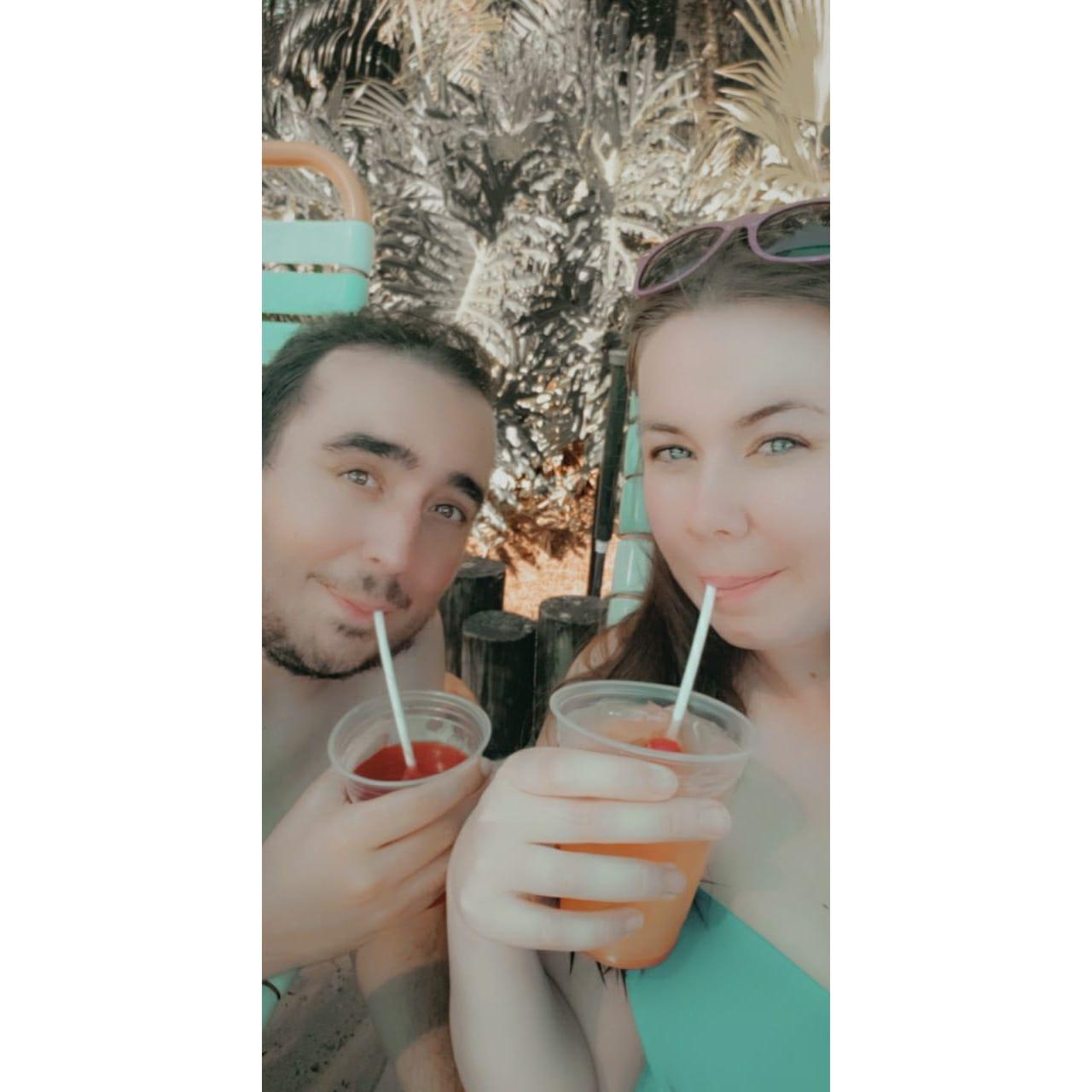 Sipping on some adult beverages at the water park in Orlando.