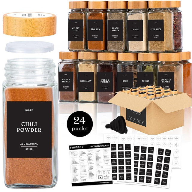 FINESSY Glass Spice Jars with Labels Black Bamboo, 24pcs Seasoning Containers, Spice Containers Set with Shaker Lids Seasoning Jars, 4oz Empty Spice Bottles Storage, Herb Jar Seasoning Organizer