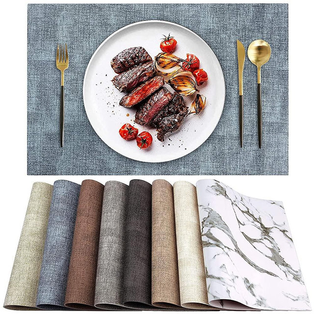 LANDVIEW Leather Heat Resistant Placemats Set of 6 Waterproof Wipeable Washable PU Table Mats ,Easy to Clean Anti-Slip Place Mats (Blue, 6)