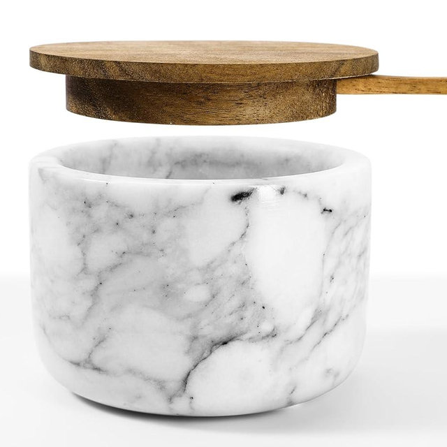 RAETTER.LY Salt and Pepper Bowl, Marble Salt Cellar and Spices Storage Container With Built-in Spoon and Acacia Wood Lid - 6.5oz Capacity (White)