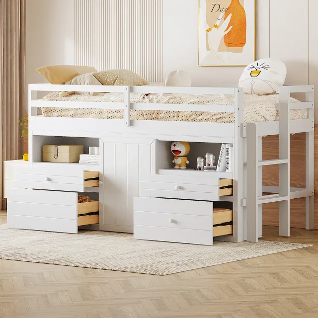 Twin Size Low Loft Bed for Kids, Wood Twin Loft Bed with Storage Drawers, Underneath Cabinet and Shelves, White
