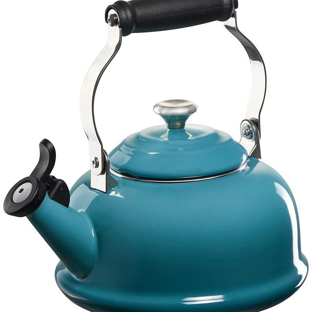 Le Creuset Enamel On Steel Whistling Tea Kettle with Metal Finishes, 1.7 qt., Caribbean
