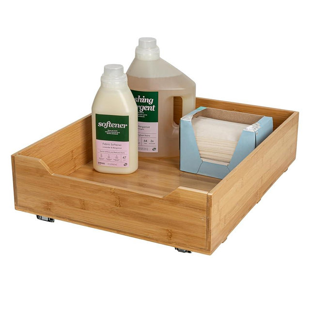 Household Essentials Glidez Bamboo and Steel Pull-Out/Slide-Out Storage Organizer for Under Cabinet Use - 1-Tier Design - Fits Standard Size Cabinet or Shelf, Natural