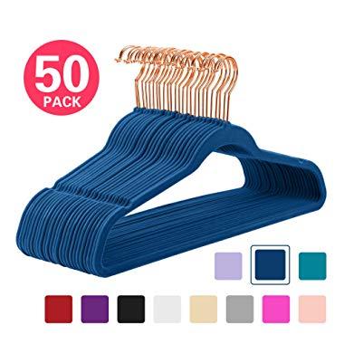MIZGI Premium Velvet Hangers (Pack of 50) Heavyduty - Non Slip - Velvet Suit Hangers Dark Blue - Copper/Rose Gold Hooks,Space Saving Clothes Hangers