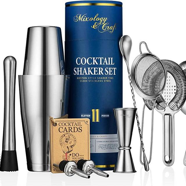 11-piece Cocktail Shaker Set | Mixology Bartender Kit with Weighted Boston Shaker and Bar Tools Set For Home or Professional Bartending | Best Cocktail Set for Awesome Drink Mixing Experience (silver)