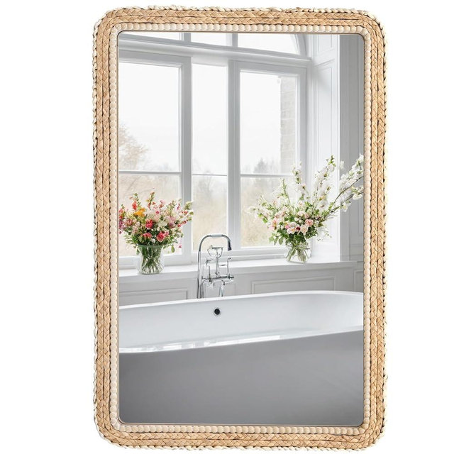 FUIN 24x36 Large Wall Mirror, Wood Frame with Braided Seagrass and Wooden Bead, Vertical & Horizontal Coastal Mirror for Bathroom