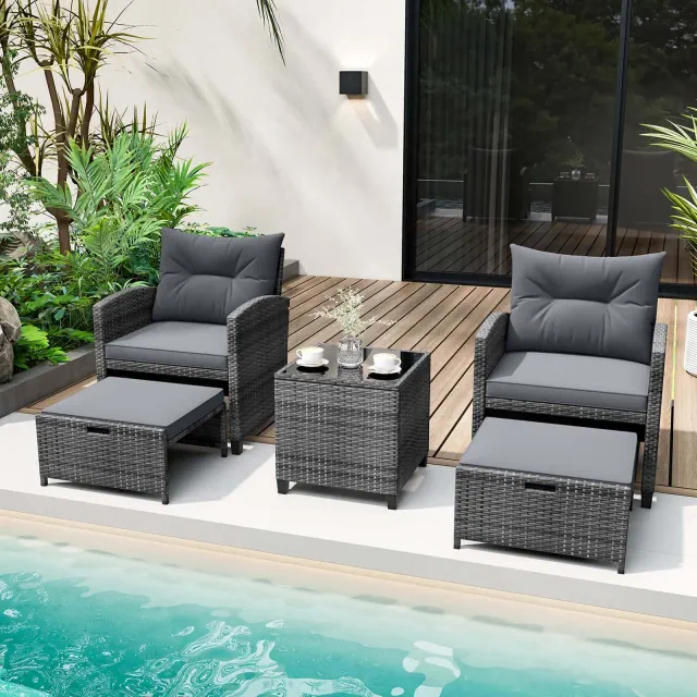 Costway 5 Piece Patio Rattan Furniture with 2 Ottomans & Tempered Glass Coffee Table Grey
