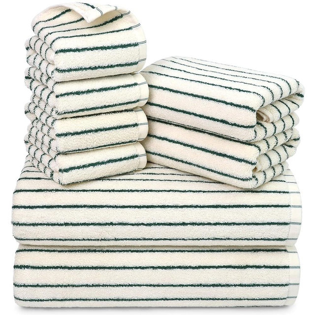 Jacquotha 8 Piece Green Towel Set, Super Soft & Absorbent Cotton Striped Towels for Bathroom Decor, 2 Bath, 2 Hand, 4 Washcloths