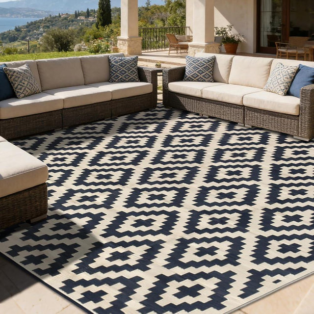 SAND MINE Reversible Mats, Plastic Straw Rug, Modern Area Rug, Large Floor Mat and Rug for Outdoors, RV, Patio, Backyard, Deck, Picnic, Beach, Trailer, Camping (10' x 10', Black & Beige Lattice)