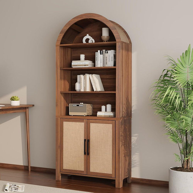 Janmer Home 71" Tall Arched Bookcase with Storage, Mid-Century Modern 6-Tier Arched Cabinet with Door, Arched Bookshelf Cabinet with Open Display Storage Shelf for Office Living Room (Walnut)