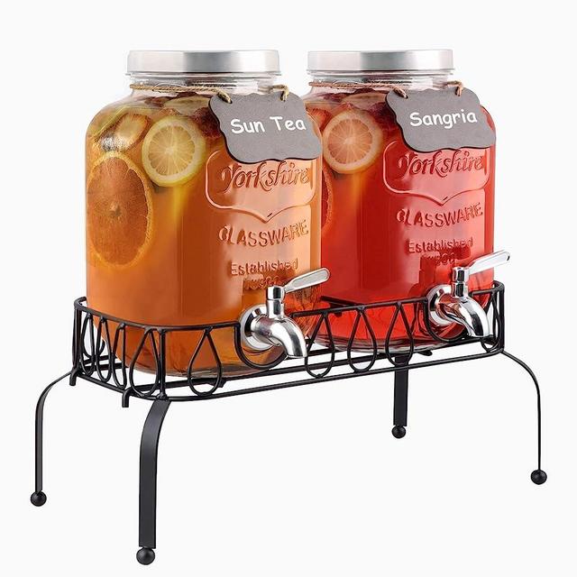 1 Gallon Beverage Dispenser with Stand, 18/8 Stainless Steel Spigot- [2 Pack] Airtight & Leakproof Glass Sun Tea Jar with Anti-Rust Lids, Drink Dispensers for Parties - Laundry Detergent Dispenser