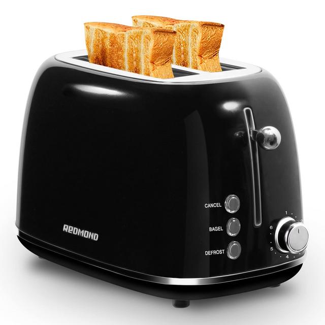 REDMOND 2 Slice Toaster Retro Stainless Steel Toaster with Bagel, Cancel, Defrost Function and 6 Bread Shade Settings Bread Toaster, Extra Wide Slot and Removable Crumb Tray, Black, ST028