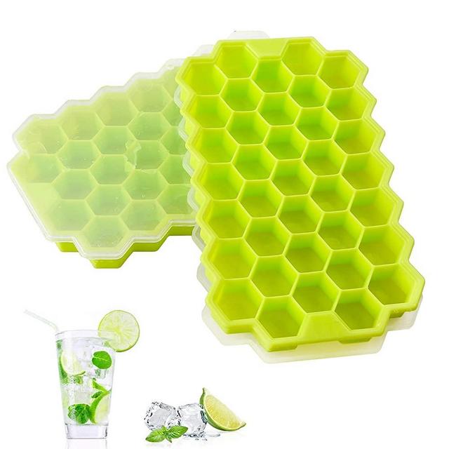 2 PCS Premium Ice Cube Trays, AUSSUA Silicone Ice Cube Molds with Sealed Lid, Flexible 74-Ice Trays BPA Free, for Chilled Drinks, Whiskey, Cocktail, Food, Reusable, Safe Hexagonal Ice Cube Molds