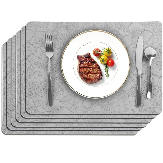SolaraDawn Faux Leather Table Placemats Set of 6, Washable, Wipeable & Heat-Resistant Table Mats, Waterproof Dining Place Mats with Embossed Texture for Kitchen & Dining, Light Gray, 17" × 12"