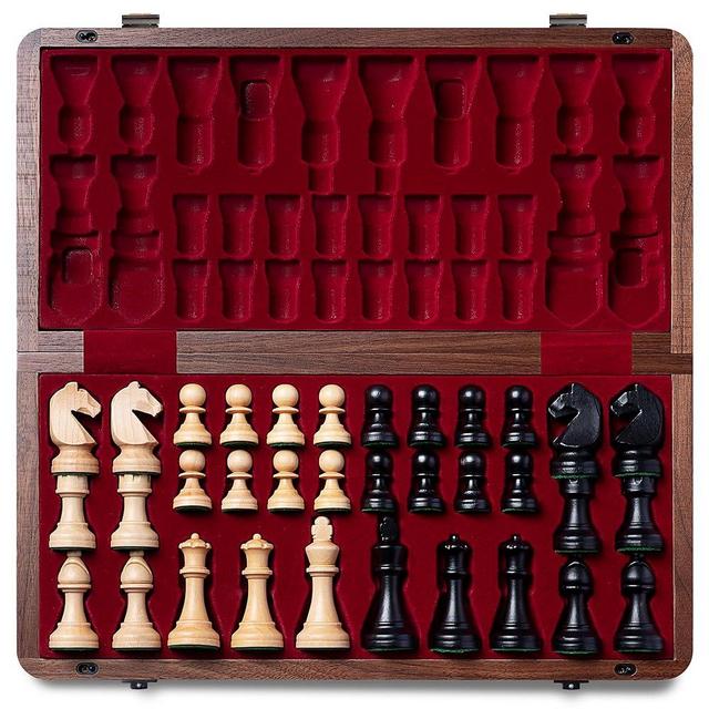 A&A Premium Natural Walnut Folding Chess Board Game Set, 15" Wooden Chess Board & 3" King Height Staunton Chess Pieces with 2 Extra Queens, Portable Travel Chess Set with Storage Bag for Adults & Kids