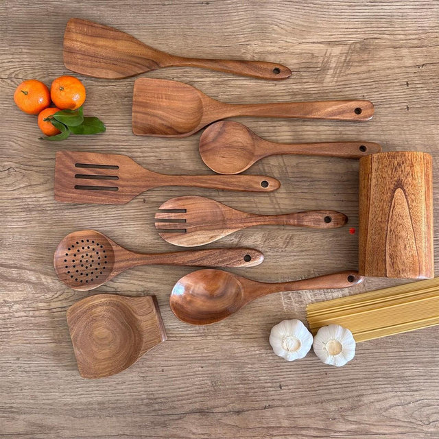 9-Piece Teak Wood Kitchen Utensil Set | Heat-Resistant & Durable | Includes Spatulas, Spaghetti Spoon, Salad Fork, Utensil Holder and More