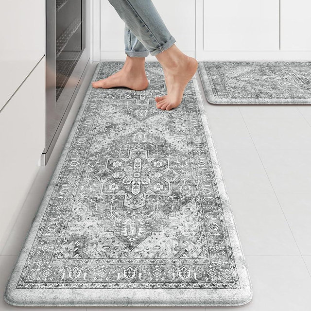 KIMODE Anti Fatigue Kitchen Mats, 2 PCS Cushioned Kitchen Rugs and Mats, Waterproof Kitchen Floor Mats Non Slip, Boho Comfort Foam Standing Mat for Laundry, Office, Sink, Grey Brown 17"x47"+17"x29"