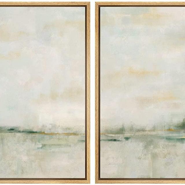MUDECOR Framed Canvas Print Wall Art Set Watercolor Pastel Green Tan Landscape Abstract Shapes Illustrations Modern Art Decorative Contemporary for Living Room, Bedroom, Office - 16"x24"x2 Natural