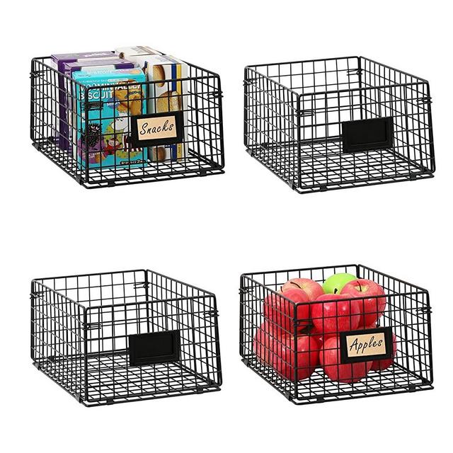 X-cosrack Stackable Pantry Baskets Organization 4 Pack 12x9x6inch, with Tag Slot Handles, Foldable Food Storage Bins Wall Mount Snack Rack, Stacking Metal Wire Basket for Countertop Cabinets kitchen