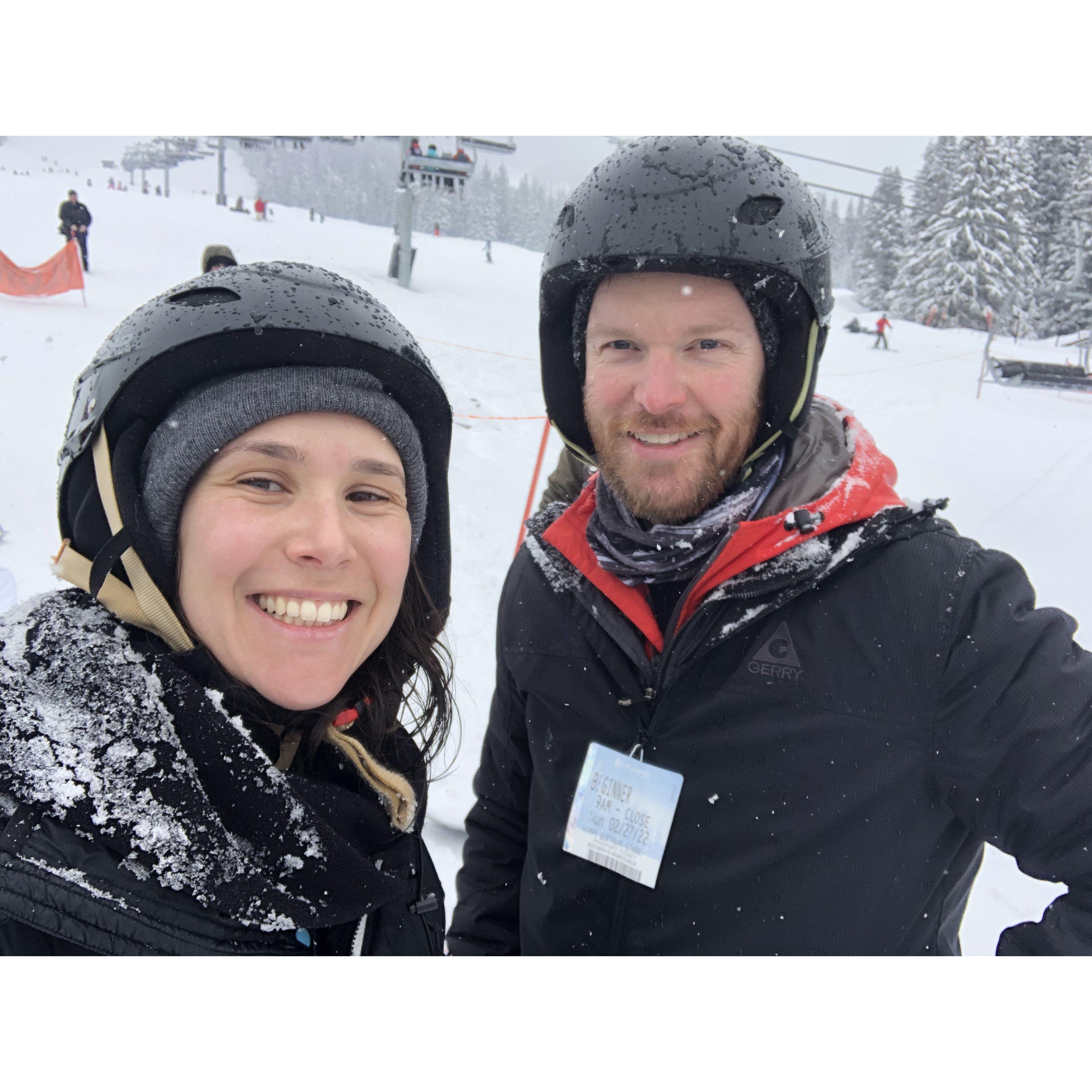 Manon's first time snowboarding ever (and Zach's first time snowboarding in a couple of years). They loved it so much - they got their own snowboards