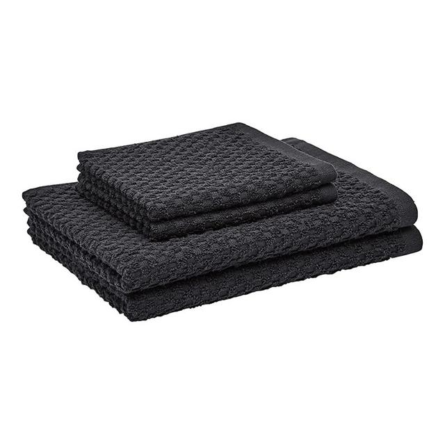 Amazon Basics 100% Cotton Terry Kitchen Dish Cloth & Towel Set, Popcorn Texture - 4-Pack, Black