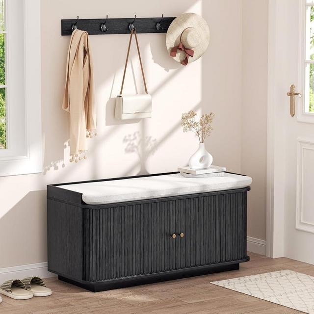 AIUUCS Hall Tree with Bench and Shoe Storage, Entryway Bench with Sliding Door Cabinet, Removable Padded, Metal Wall Hooks and Adjustable Storage Compartments, for Entry, Hallway, Living Room, Black