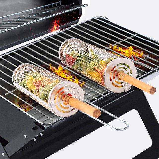 Nesting Rolling Grill Baskets 2PCS,304 Stainless Steel BBQ Tools with Removable Wooden Handle for Vegetables,Shrimp,Camping,Backyard,Outdoor Grilling Accessories,Grilling Gifts for Men