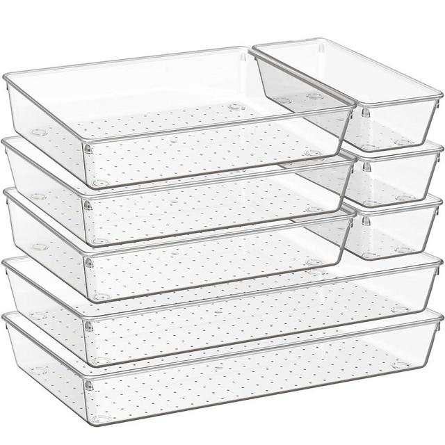 Criusia 8 Pack Large Clear Plastic Drawer Organizer Trays - 3 Sizes BPA-Free Acrylic Bathroom Drawer Organization Storage Bins, Non-Slip Drawer Dividers for Kitchen Utensils, Makeup, Office, Jewelry