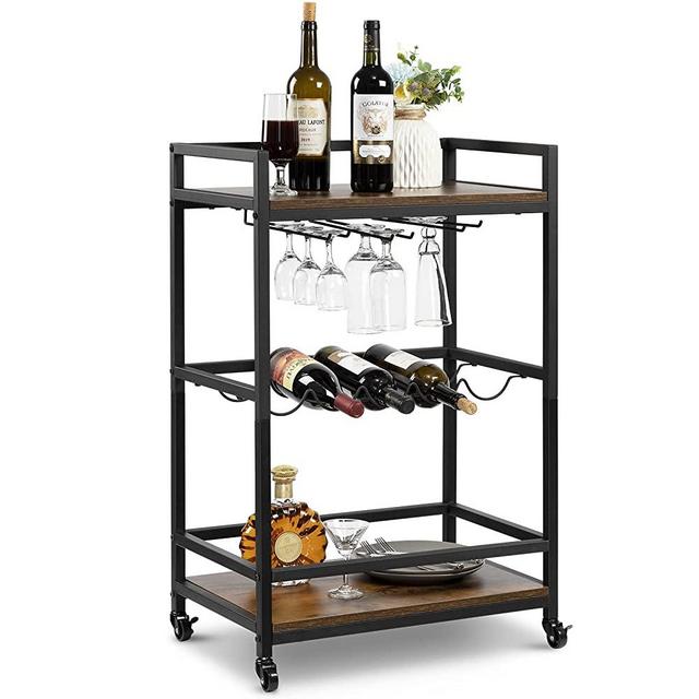 Hadulcet Bar Cart, Serving Cart with Wheels, Industrial Style Wine Cart for Home Kitchen & Dinning Room Rustic Brown