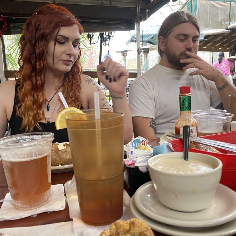 Eating at Stumpknockers, our favorite spot near Rainbow River.