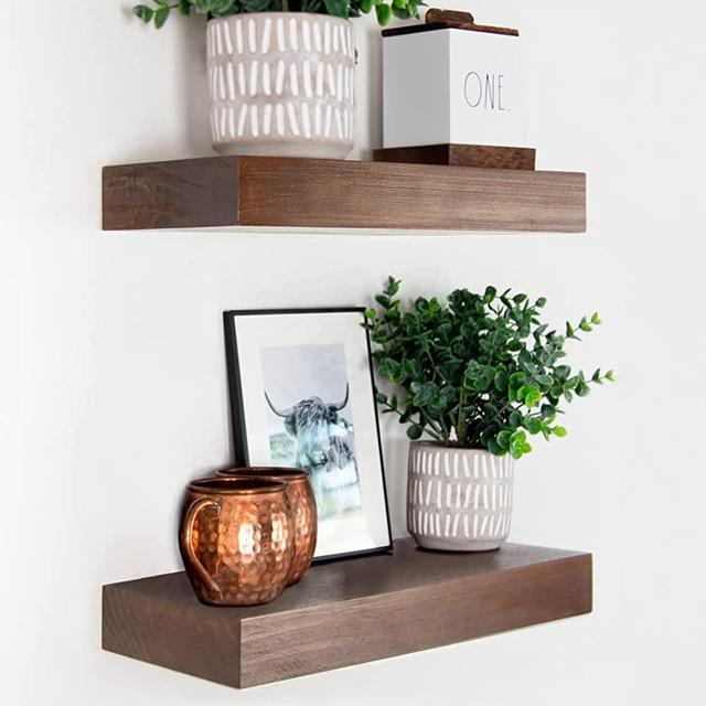 Homeforia Rustic Farmhouse Floating Shelves - Bathroom Wooden Shelves for Wall Mounted - Thick Industrial Kitchen Wood Shelf - 16 x 6.5 x 1.75 inch - Set of 2 - Dark Brown Honey Color