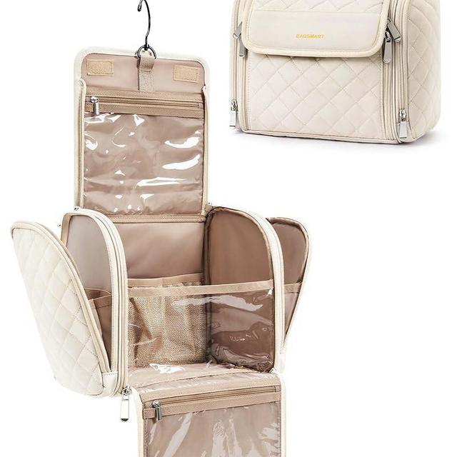BAGSMART Toiletry Bag Travel Makeup Bag with Hanging Hook, Cosmetic Bag Make Organizer Case, Large Capacity Water-resistant Organizer for Toiletries Accessories Brushes Sponge, Beige