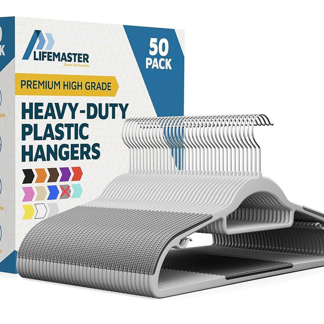 Lifemaster Plastic Clothes Hanger Set - 50 Pieces Versatile, Lightweight, Space-Saving, Non-Slip, Slim Designed, Dry and Wet Clothes Hanger Set with 360° Swivel Hook and Rubber Coating - Gray