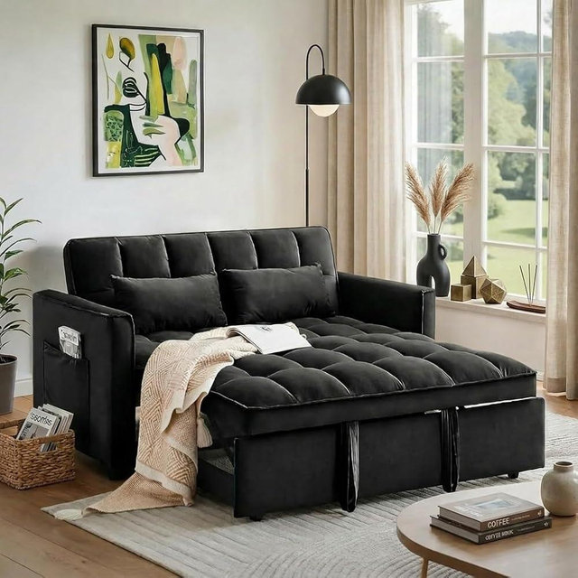Trygoal Pull Out Couch, Loveseat Sleeper Sofa Bed with Side Pockets, 3 in 1 Velvet Fabric Convertible Sofa Bed with Adjustable Backrest for Living Room, Bedroom, Apartment, Black