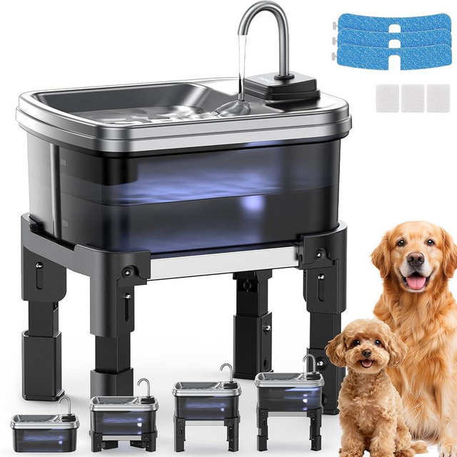 9L/2.38Gal Dog Water Fountain Elevated with 4-Height Adjustable Stand, FeelNeedy Large Pet Water Dispenser with Durable Ultra-Quiet Pump & 304 Stainless Steel Tray, Water Fountain for Dogs Indoor