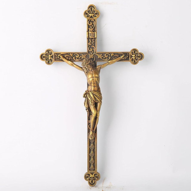 BC Catholic Jesus Crucifix Wall Cross, Religious Home Decor, Catholic Wedding Gift, Metal Carve Look, Gold finish 12" H Hand Painted by Buildclassic
