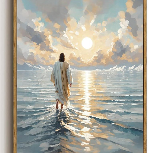 ZZTCYSU Jesus Canvas Wall Art Christian Framed Wall Art Jesus Walking on Water Back Modern Bible Print Religious Faith Artwork Decor for Living Room Bedroom Church 16"x24" Framed