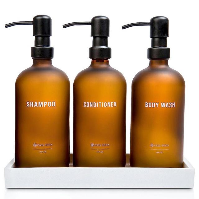 Modern Shampoo and Conditioner Bottles - Body Wash, Shampoo and Conditioner Dispenser - Set of 3, 16 oz Frosted Amber Glass Refillable Shower Soap Bottles, Concrete Tray - Bathroom Essentials