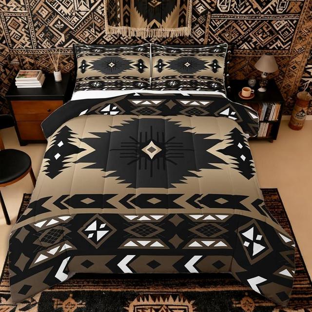 Erosebridal Western Quilt Vintage Geometric Triangle Diamond Comforter Set,Boho Western Bedding Set King,Southwestern Native Aztec Duvet Insert Ethnic Tribe Arrow Sriped Room Decor,Black Brown