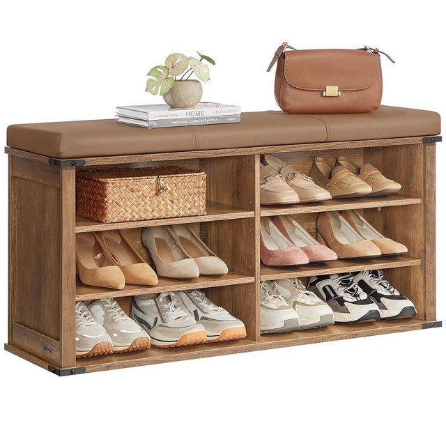 VASAGLE Shoe Storage Bench with Removable Cushion, Shoe Rack with Padded Seat, Entryway Bench with 6 Open Compartmens, Adjustable Shelves, for Hallway, Bedroom, Honey Brown ULSB105K01
