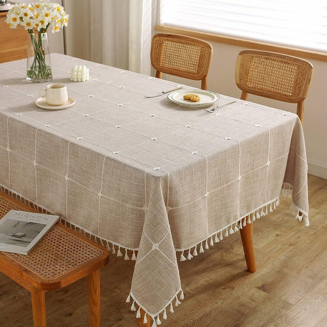 JIALE Tablecloths for Rectangle Tables,Cotton Linen Table Cloth Waterproof Tablecloth Wrinkle Free Farmhouse Dining Table Cover,Soft Fabric Table Cloths with Tassels,Plaid,55" X 86",6-8 Seats