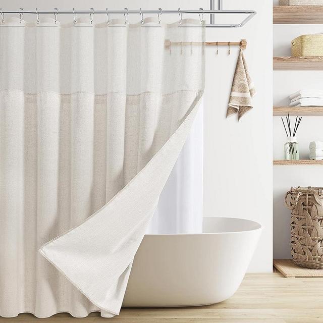 BOODII Beige Linen Shower Curtain with Snap in Liner Set Heavy Duty Textured Farmhouse Rustic Double Shower Curtain with See Through Top Window Cream Bath Decor Burlap Vintage Country Style 72x72