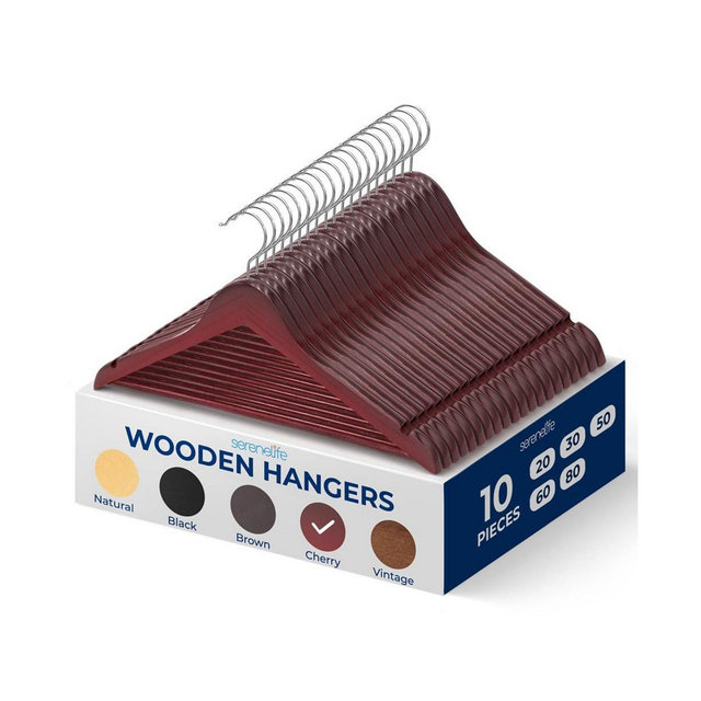 10 Pcs. Wooden Hangers - Non-Slip, Sturdy, and Heavy Duty Suit Hanger Set with Chrome 360° Swivel Hook (Cherry