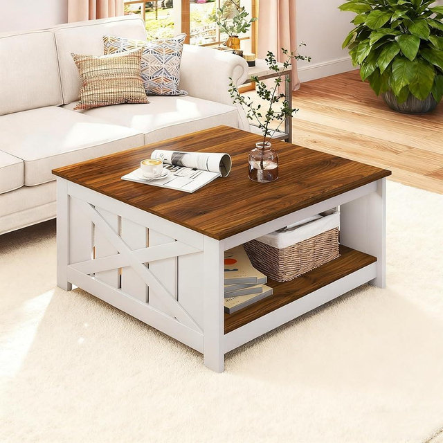 Giantex Farmhouse Coffee Table, 31 Inch Square Wood Coffee Table with Storage Shelf, 2-Tier Vintage Center Table with Open Compartment, Rustic Living Room Table for Home Office, White & Brown