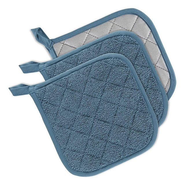 DII Basic Terry Collection Quilted 100% Cotton, Potholder, Storm Blue 3 Piece